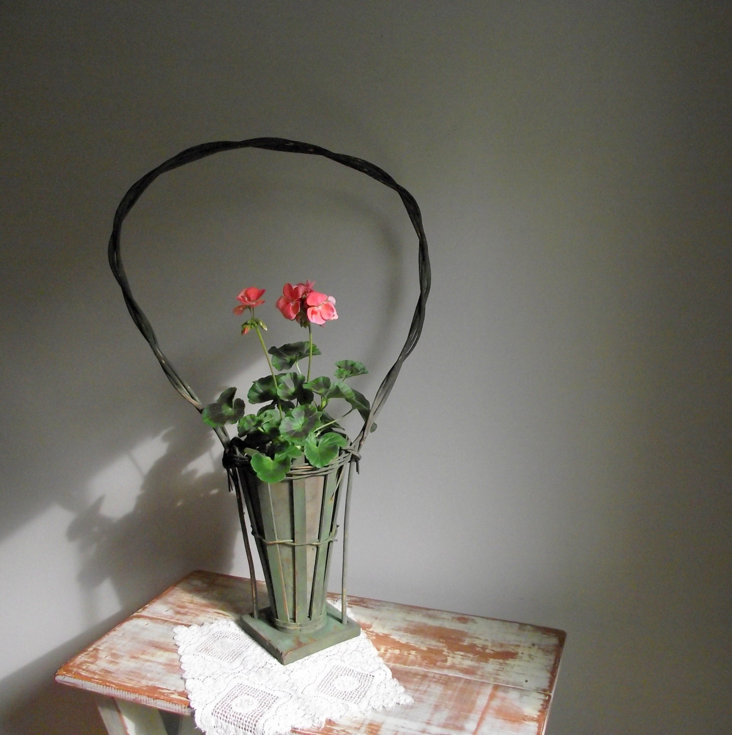 Funeral Basket Victorian Wicker Green Painted Basket Shabby Chic Cottage Wedding Decor