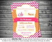 Sip & See Girls Baby Shower Invitation - Chevron, Polka Dots, Pink, Orange, Printable, Digital