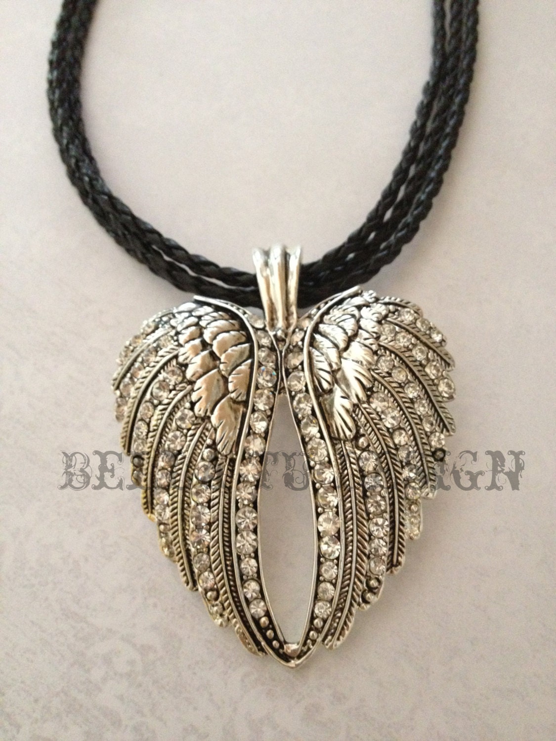 Silver Wings Necklace on Braided Leather(Ready to Ship)