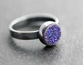 Cobalt Blue Violet Druzy Ring, Galaxy Blue Druzy Gemstone Oxidized Sterling Silver Ring Druzy Jewelry - Size 6 - Pluto