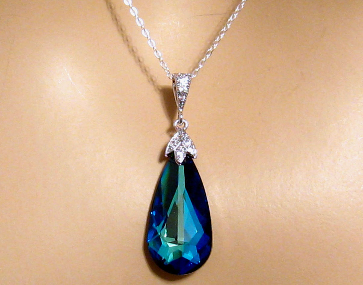 Peacock Blue Necklace, CZ, Swarovski Bermuda Blue Crystal Necklace, Bridal Necklace, Sterling Silver, Bridesmaid Gift Bridal Wedding Jewelry