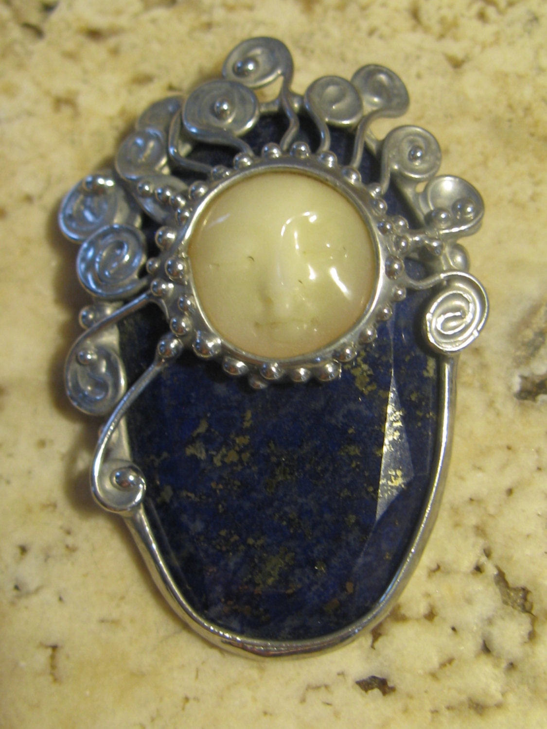 Goddess Pin or Pendant - Lapis Lazuli & Carved Bone Face