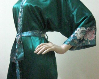 BIG SALE from USD 45 - Silk Satin Kimono Robe in Floral Dark Blue Short Kimono Gift for Her Bridesmaid Robes Wedding Robes Loungwear