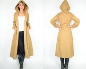 classic CAMEL fitted retro HOODED long maxi TRENCH raincoat, extra small-medium