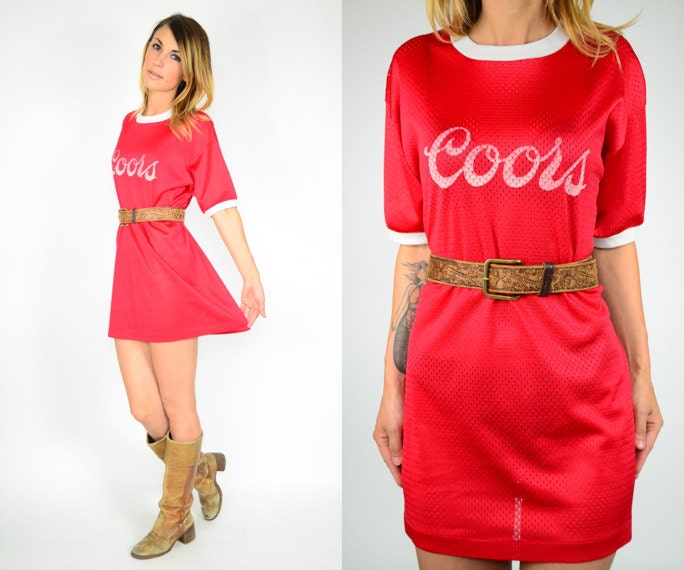 red & white UNISEX trashy booze party COORS perforated flare JERSEY ringer, extra small-large