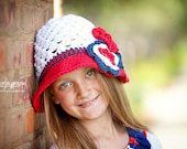 1T / 2T or 2T / 4T Bucket Style Beanie crocheted hat Sunhat in Red, White, and Blue with a trio of flowers