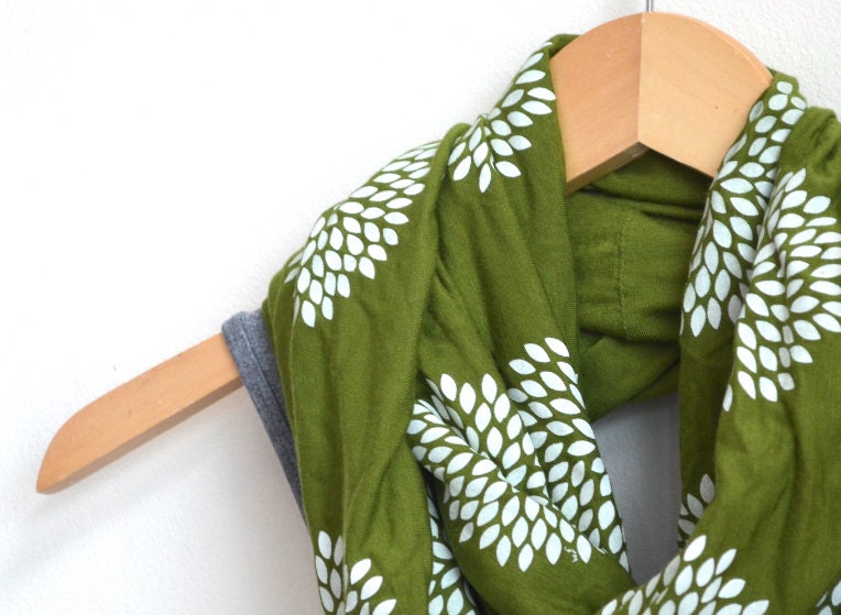 INFINITY SCARF - Screen Printed - White Flowers on Olive Green