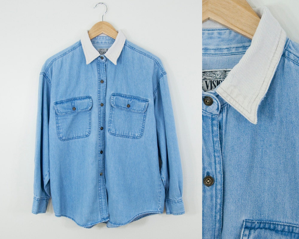 80s Vintage Chambray Contrast Collar Shirt (M, L)