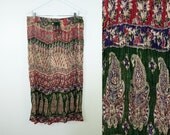 80s Vintage Floral Paisley Print Gauze Crinkle Maxi Skirt (M, L)