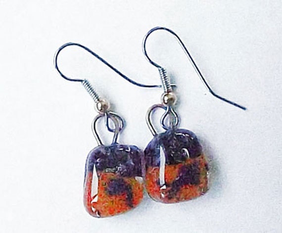 Silver Square Small Loop Fused Glass Earrings.
