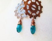 Teal Drop & Copper Gear Wire Wrapped Steampunk Earrings