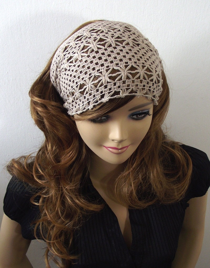 Cotton Lace Headband, Beige Hair Wrap, Head Band, Bohemian Headband, Fashion Turban, Women Headband