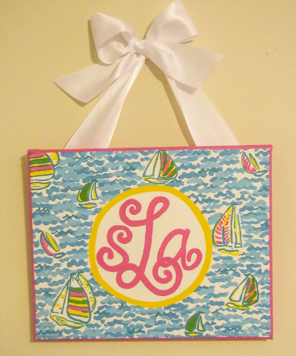 Personalized/Monogrammed Hanging Decorative Canvas, Lilly Pulitzer Sailboat Print Inspired
