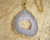 Geode Slice Necklace Druzy Drusy Quartz Center Long 28" Gold Fill Chain