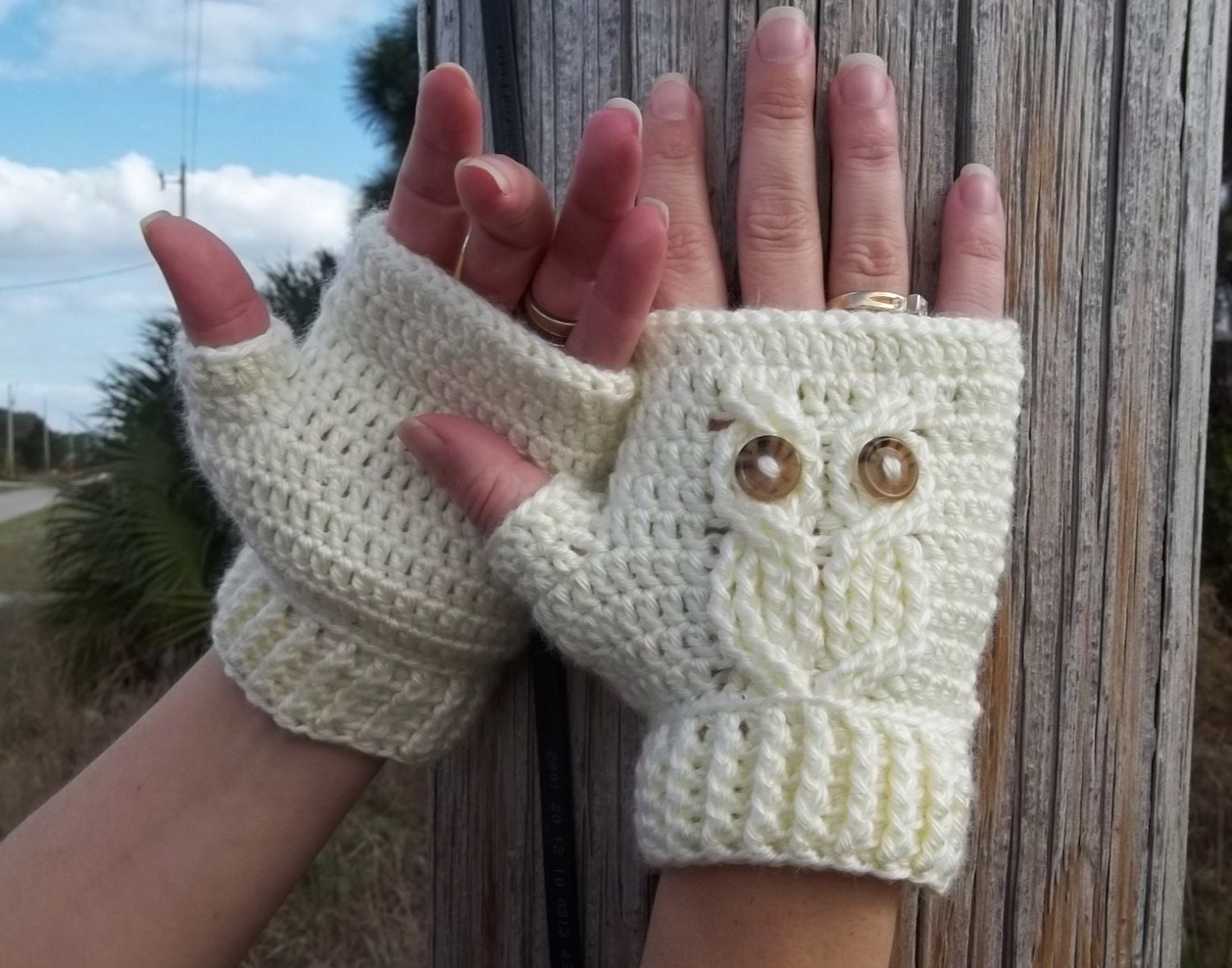 It's a Hoot Owl Texting Gloves, a fingerless crochet mitt PATTERN.