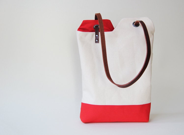 Tote bag - yin yang bag waxed cotton canvas with leather strap
