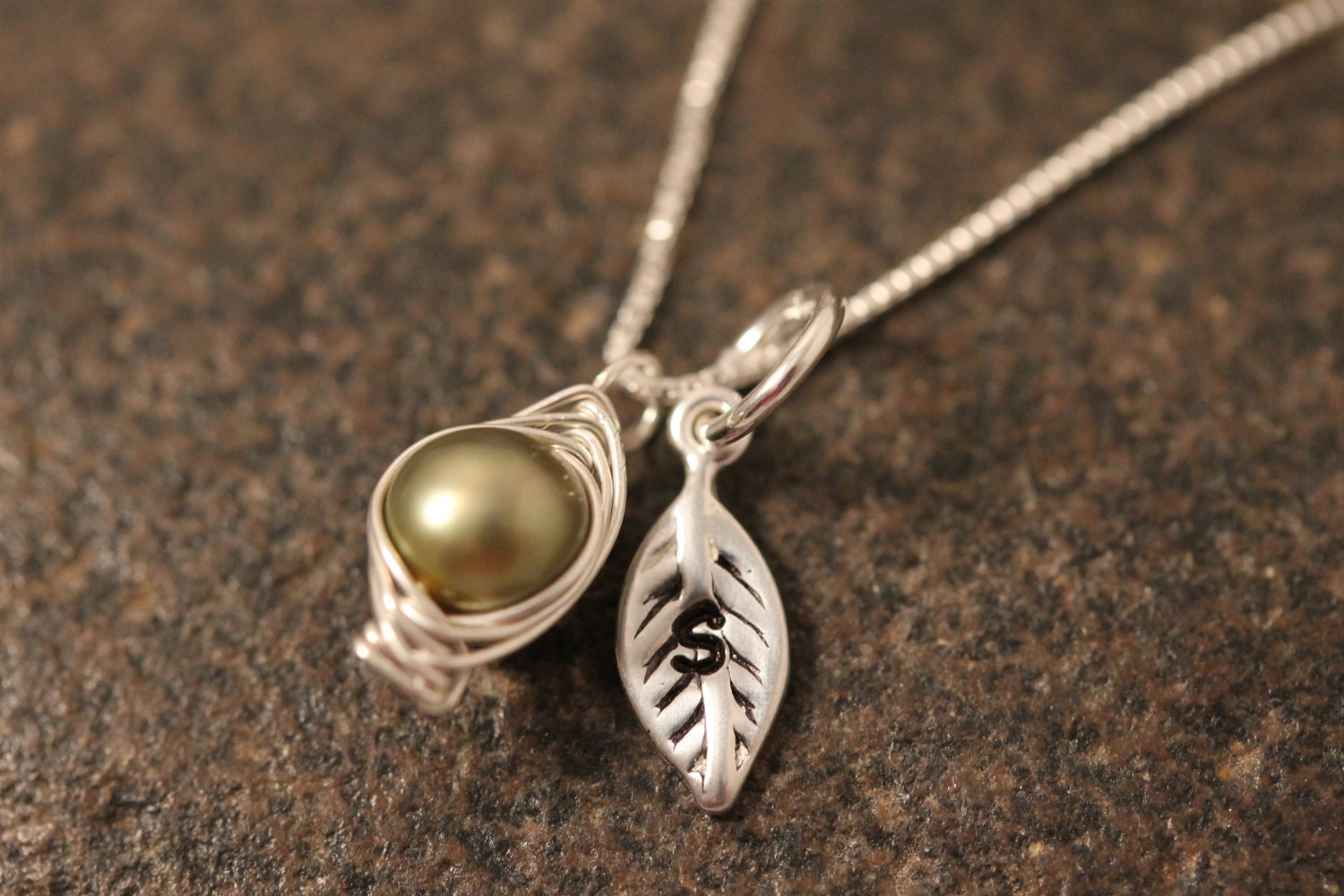 Custom Hand Stamped Sterling Silver Mini Initial Leaf with Custom Wire Wrapped Peapod