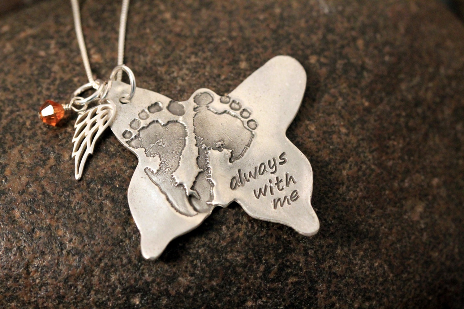 Your baby or child's ACTUAL footprints or hand prints on a silver butterfly necklace Perfect for angel babies