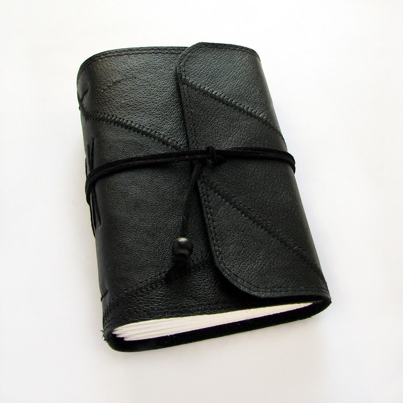 Hand bound black leather journal, diary, sketchbook, suede cord wrap closure, blank paper, 240 pages