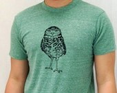 Unisex Green Heather Burrowing Owl Tshirt, S M L XL