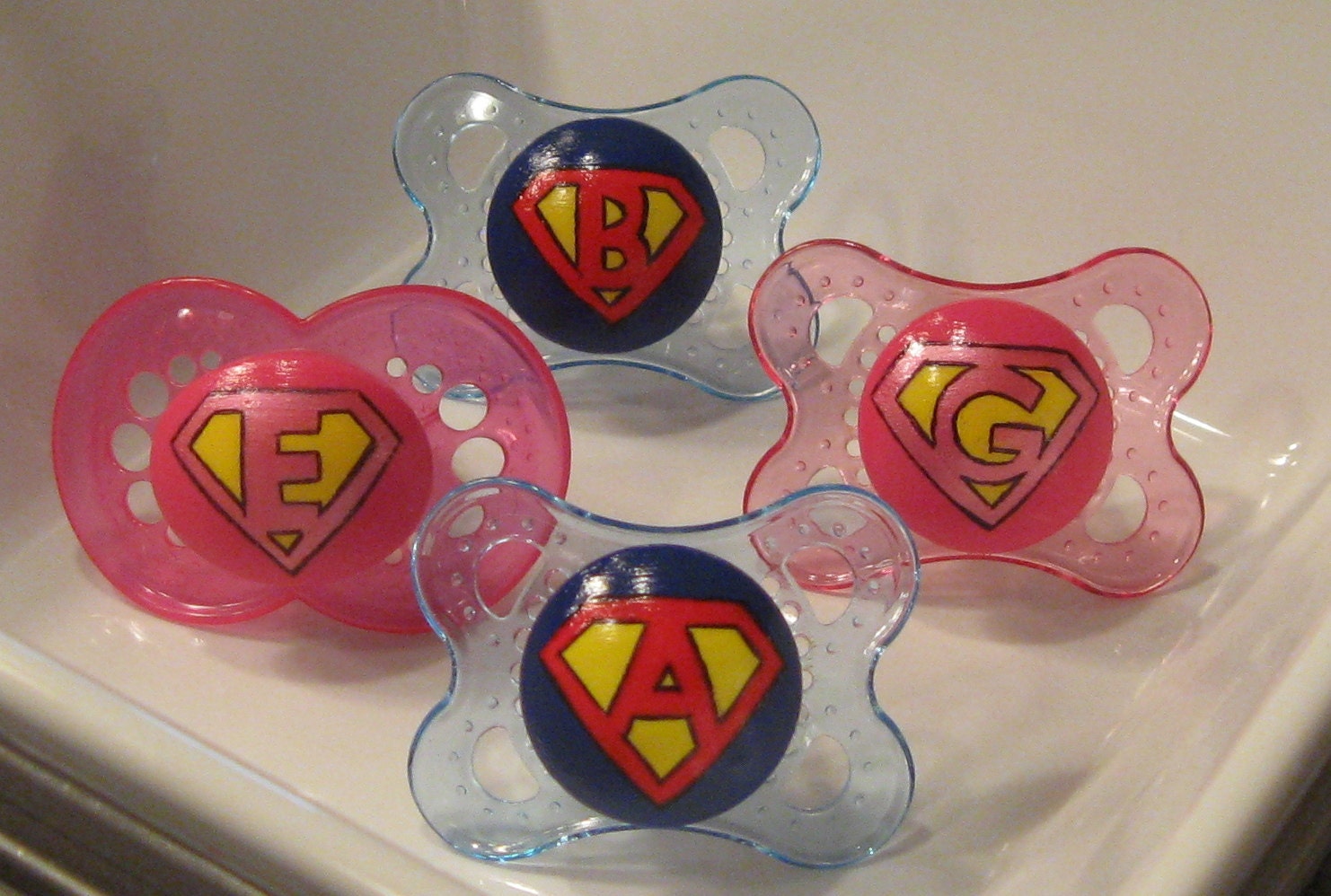 NEW - Personalized Super Baby on a Blue or Pink MAM or Clear Avent - Custom Hand Painted Pacifier