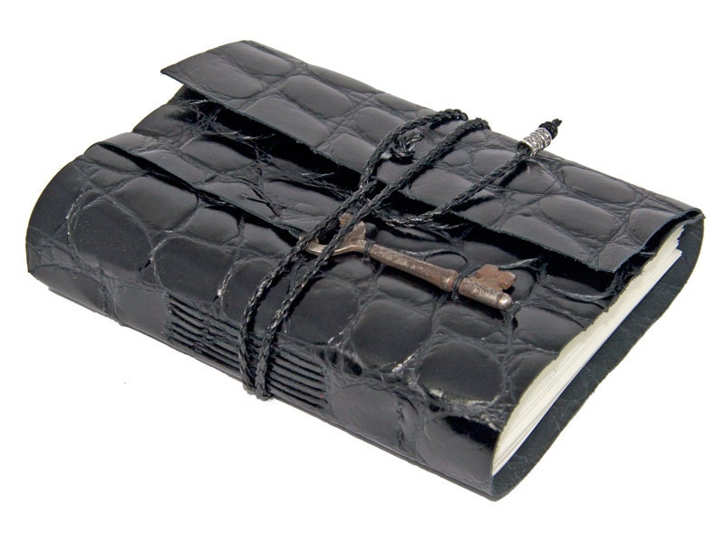 Embossed Black Leather Journal with Skeleton Key Bookmark