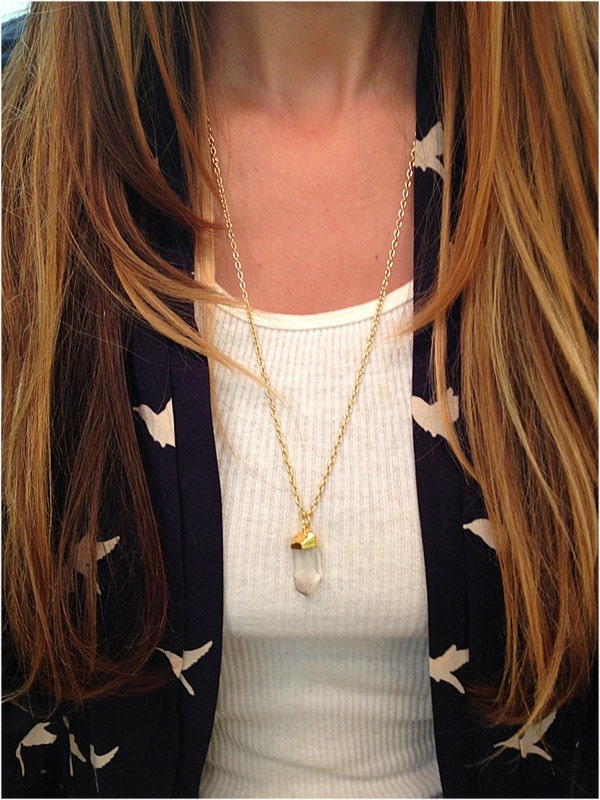 Gold Dipped Clear Quartz Crystal Necklace