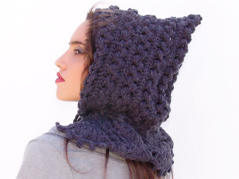 Crochet  hat - hood, hooded collar, hooded hat, crocheted neck warmer, Gray braids