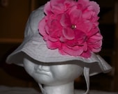 SALE Boutique Baby Girls White Bucket/Sun Hat with Hot Pink Large Silk Flower Size 0-12 Month..Perfect for the Beach Summer Sun