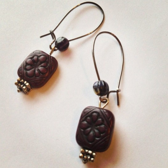 Dark Purple Floral Tablet Earrings