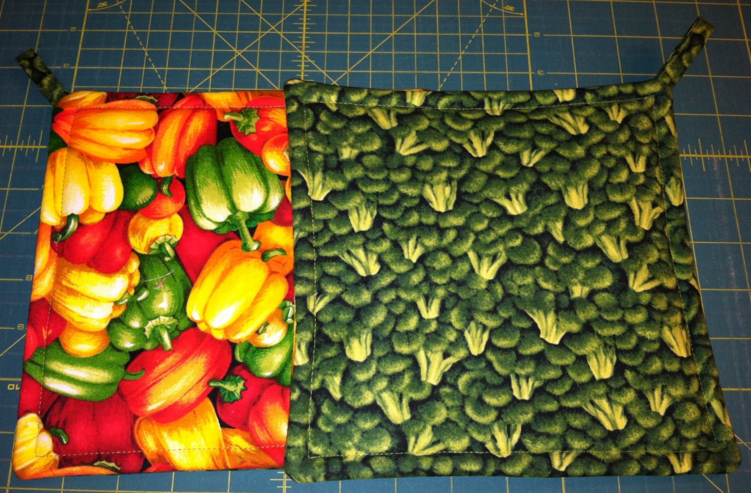 Hand Made Pot Holder - SET OF 2 - Farmers Market Vegetables Broccoli & Peppers