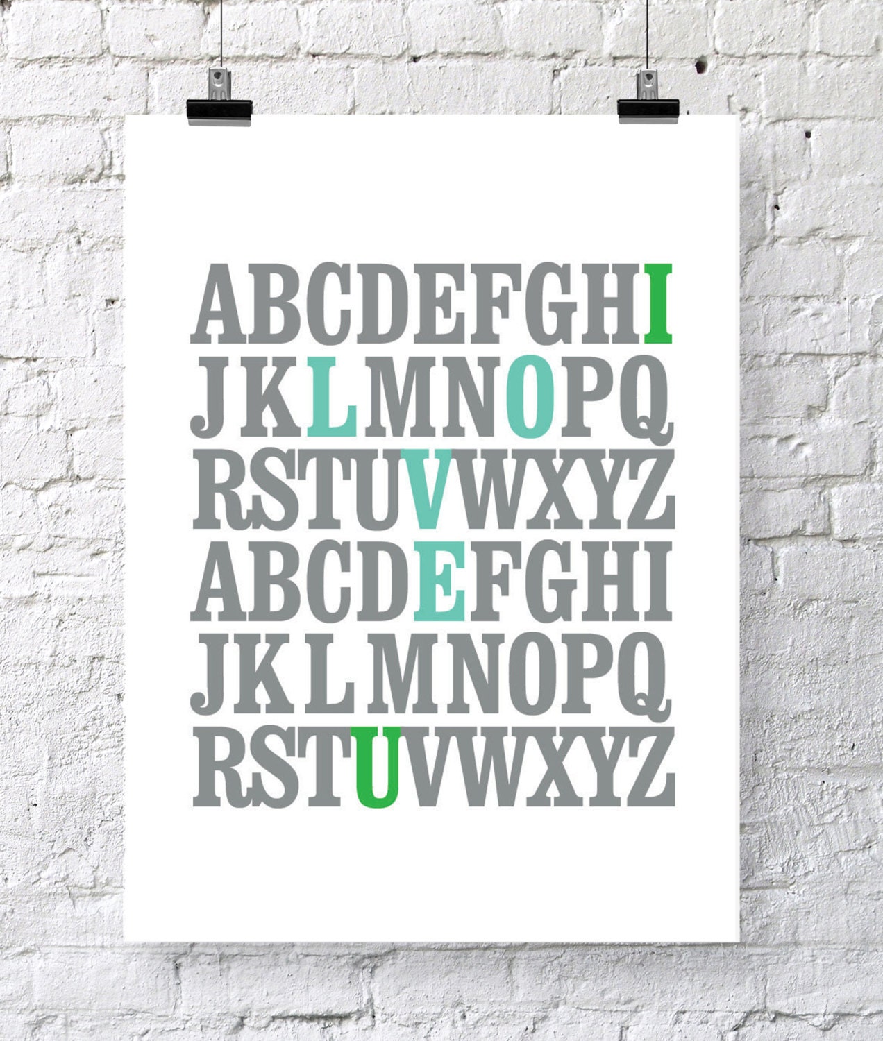 8x10 ABC Print. I love you. Alphabet Love. Typography Print. Green and Aqua.