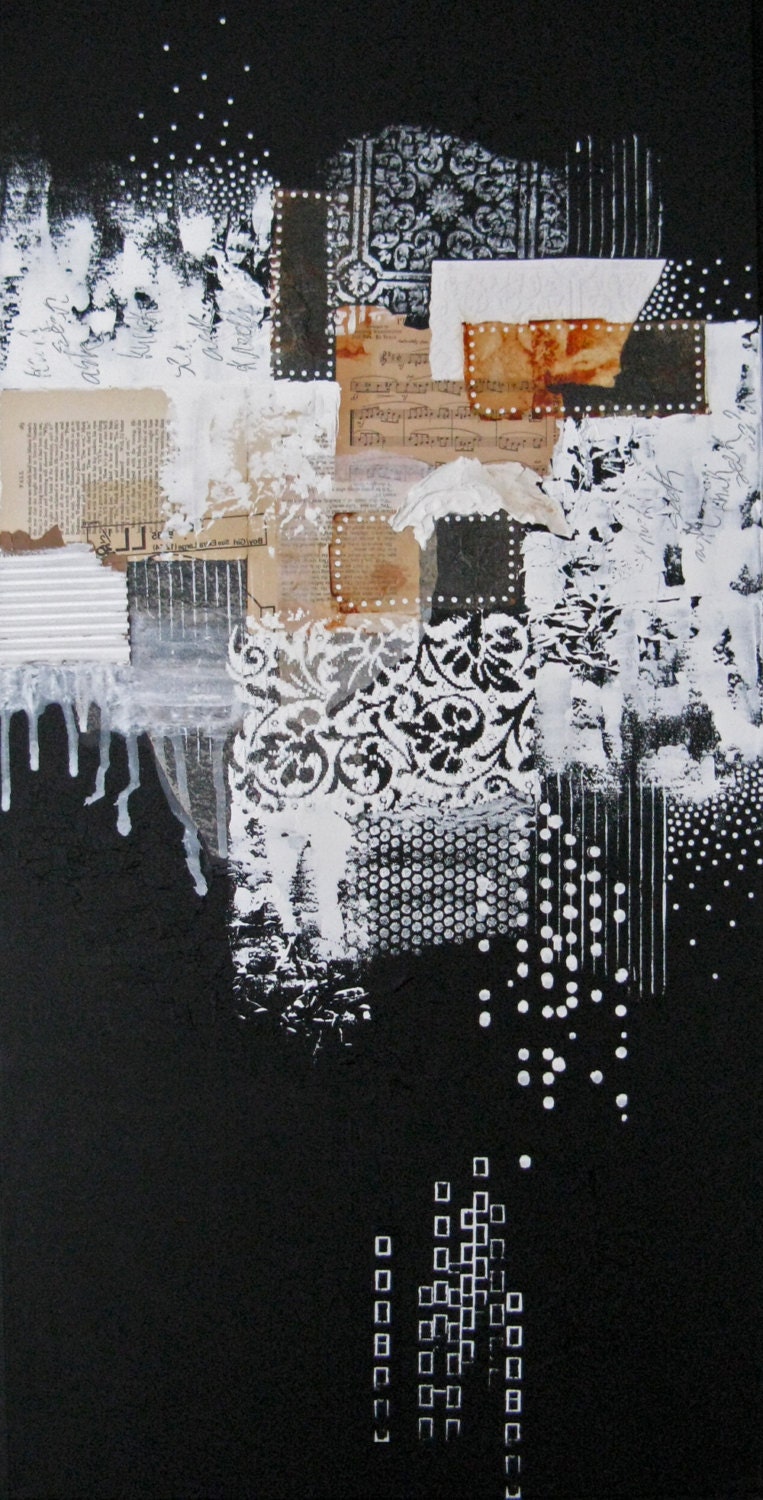 large abstract painting.  black and white modern mixed media.  ask seek knock.