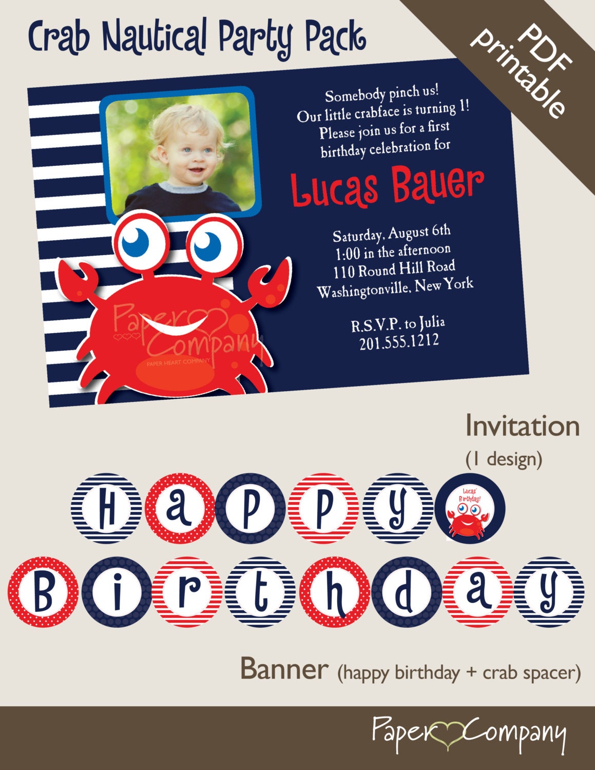 CRAB Nautical First Birthday Birthday Party Package, diy, printable