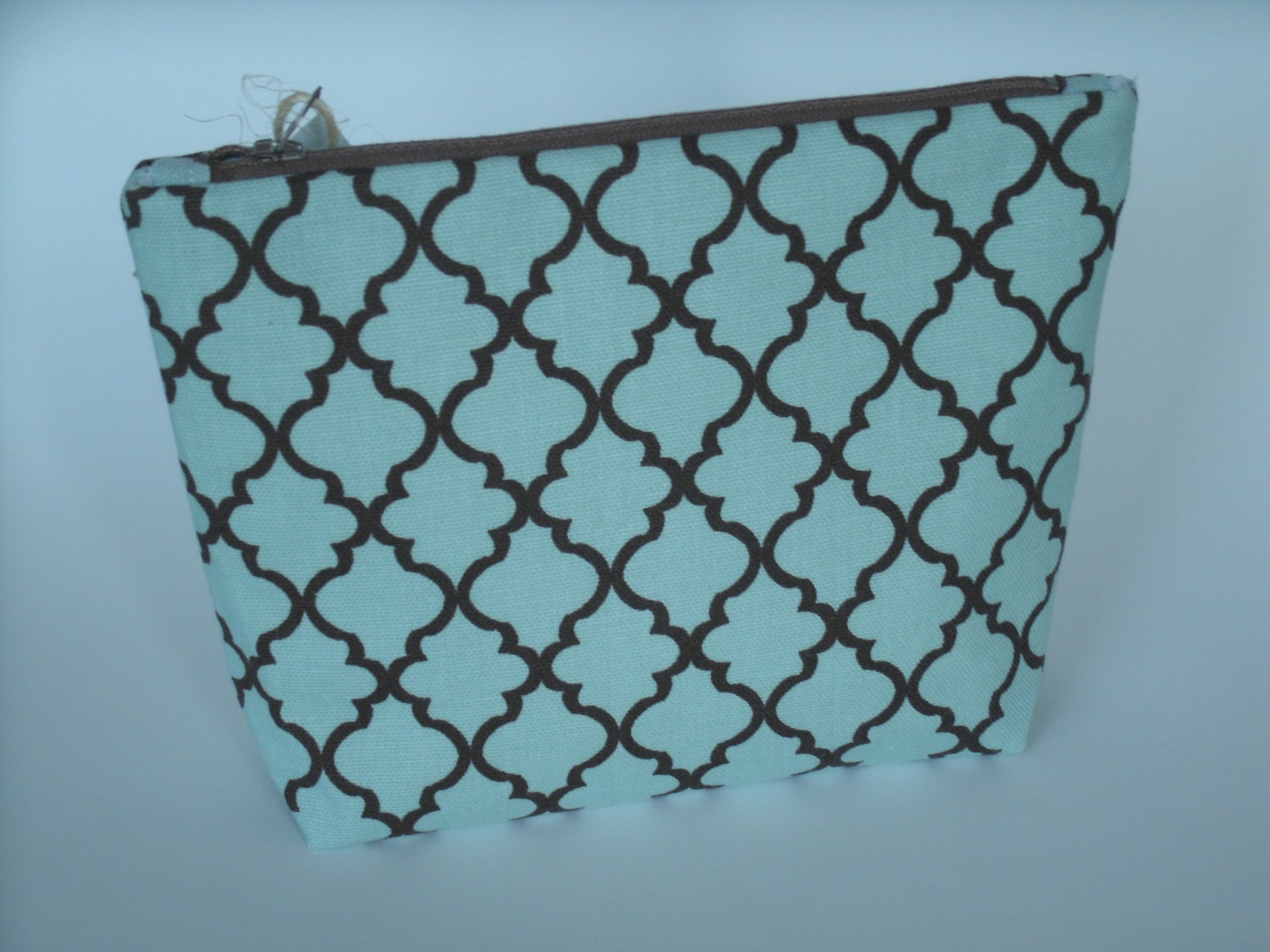 Aqua Brown Trellis Print Cosmetic Bag/Zipper Pouch