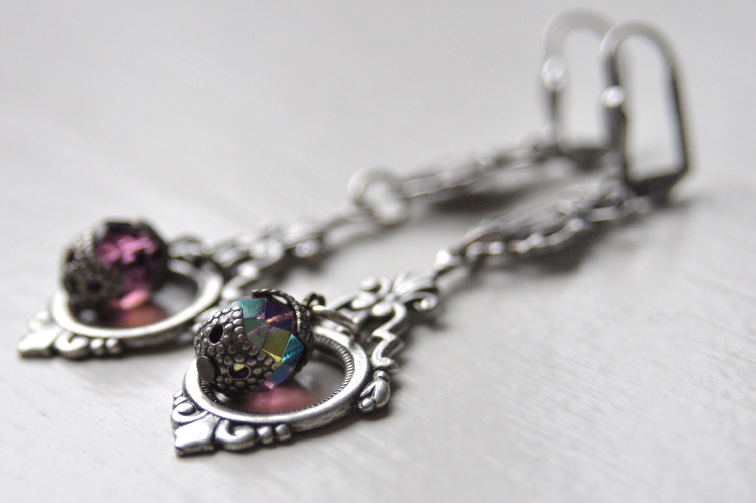 Vintage Waterbug Earrings, Filigree Earrings, Amethyst And Silver Filigree Earrings