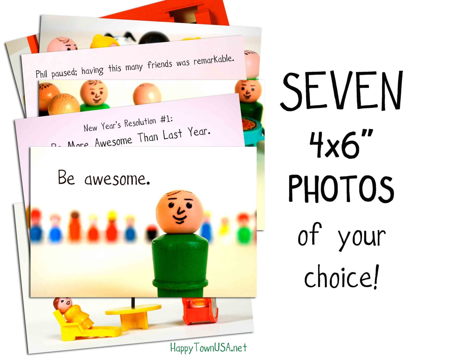 Toy Photography, still life, custom text Print Set of SEVEN 4x6" photos