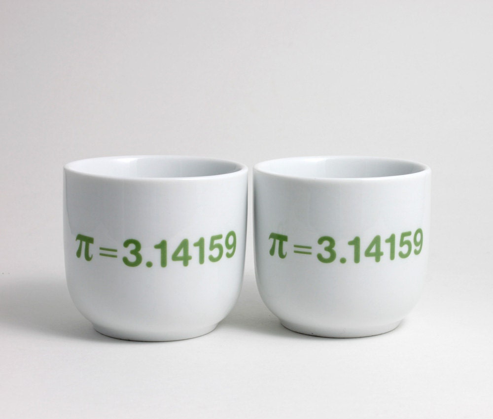 Math Teacups with Pi - Set of Two Teabowls or Sake Cups with Green Decal