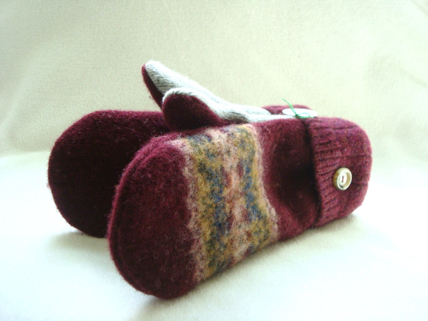 Wool Mittens BURGUNDY Fair Isle Sweater Wool, Felted Sweater Wool Fleece Lined WormeWoole