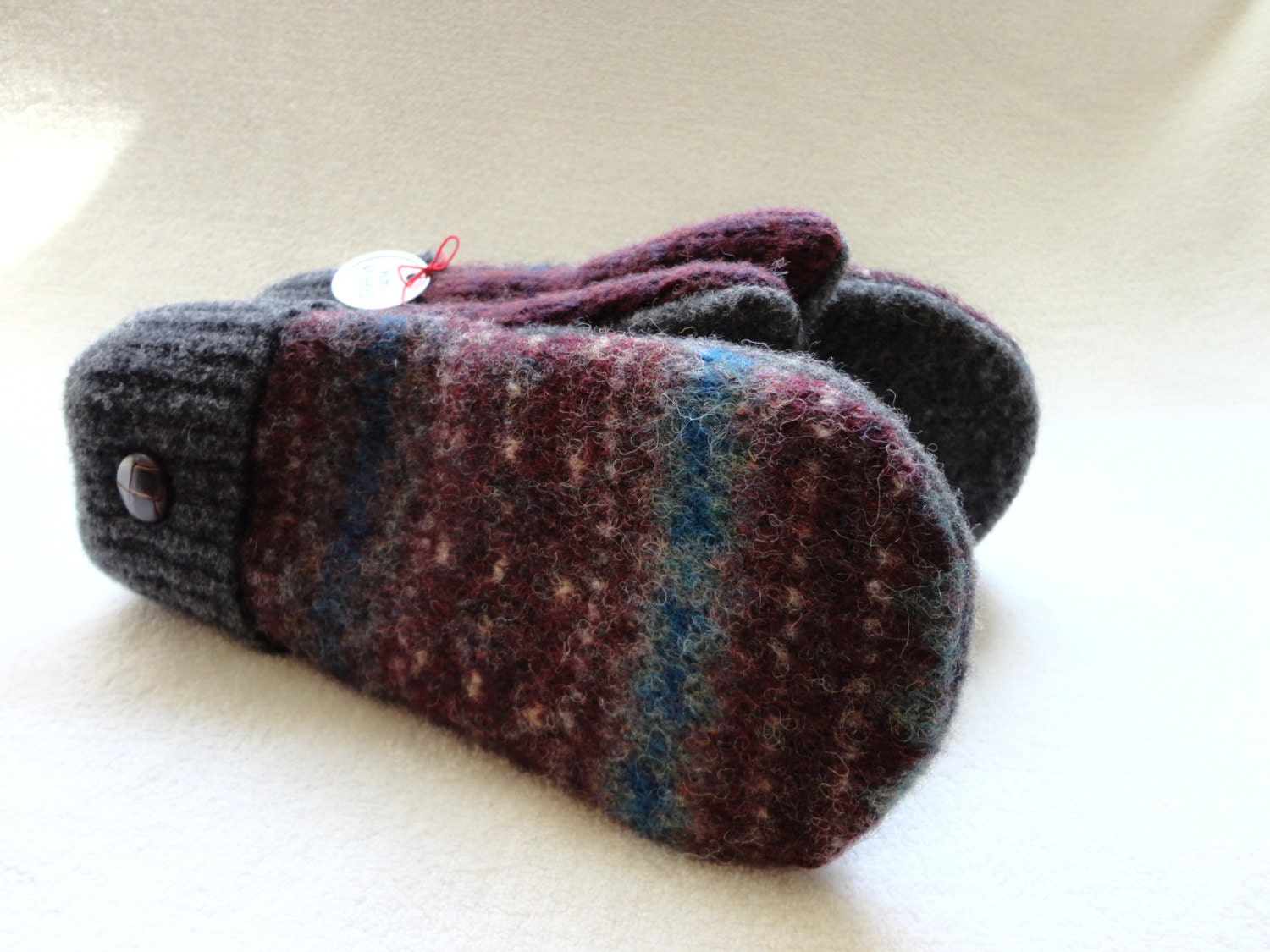 Wool Mittens BURGUNDY & TEAL Oxblood Fair Isle Sweater Wool, Fleece Lined by WormeWoole