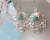 Silver Paisley Earrings, Drop Earrings, Dangle Earrings, Chandelier Earrings, Gemstone Earrings, Pearls, Bridal Jewelry, June Birthday