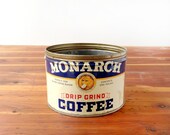 Monarch coffee tin, vintage 1930s or 1940s, tin litho, lion logo, navy blue and cream, red and gold, one pound, key lid, retro kitchen