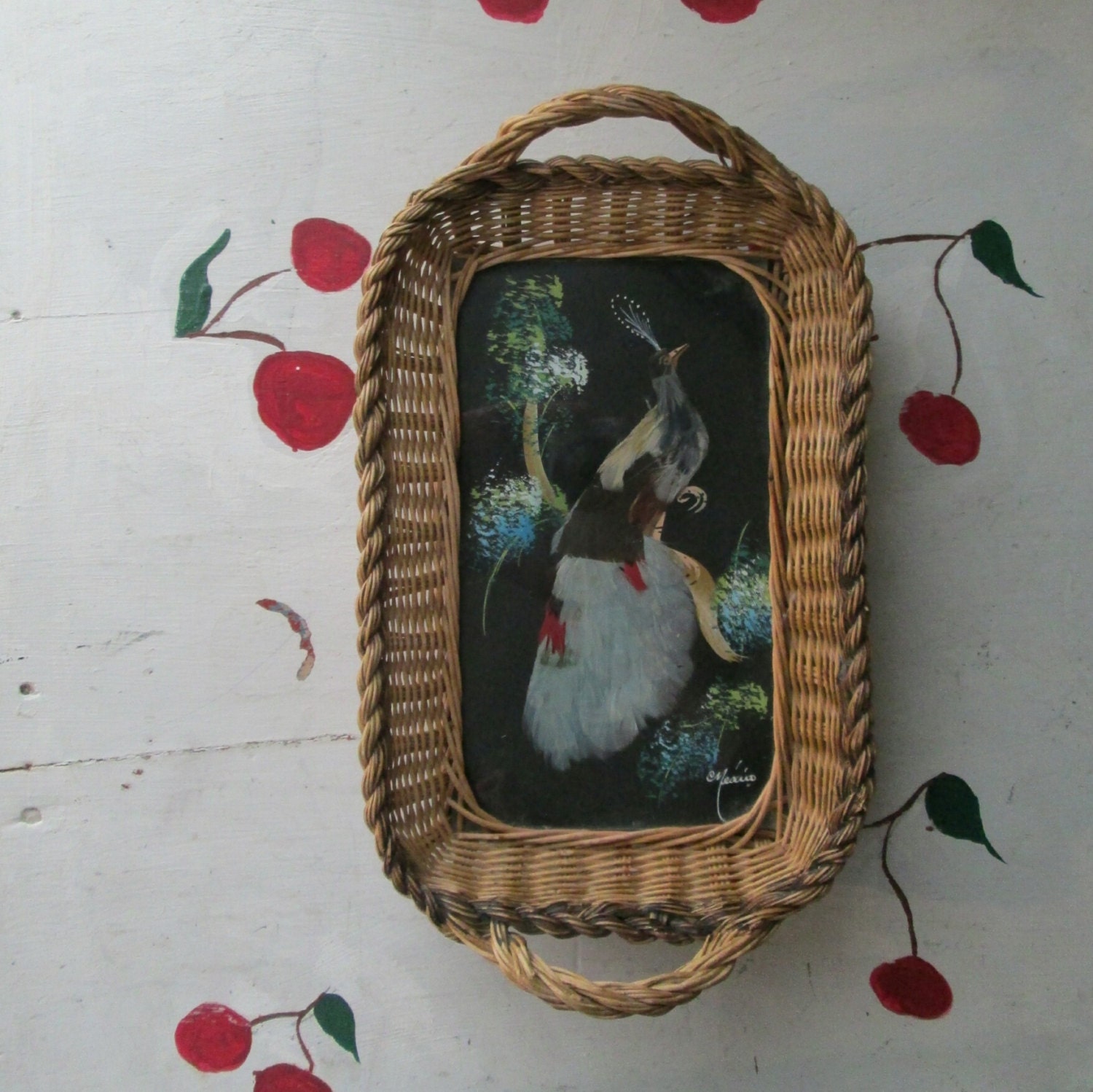 TRAY BIRD WOVEN Wicker Feather Vintage Tropical