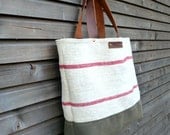 recycled antique linen carry all/tote bag with oiled leather handles and waxed canvas bottem