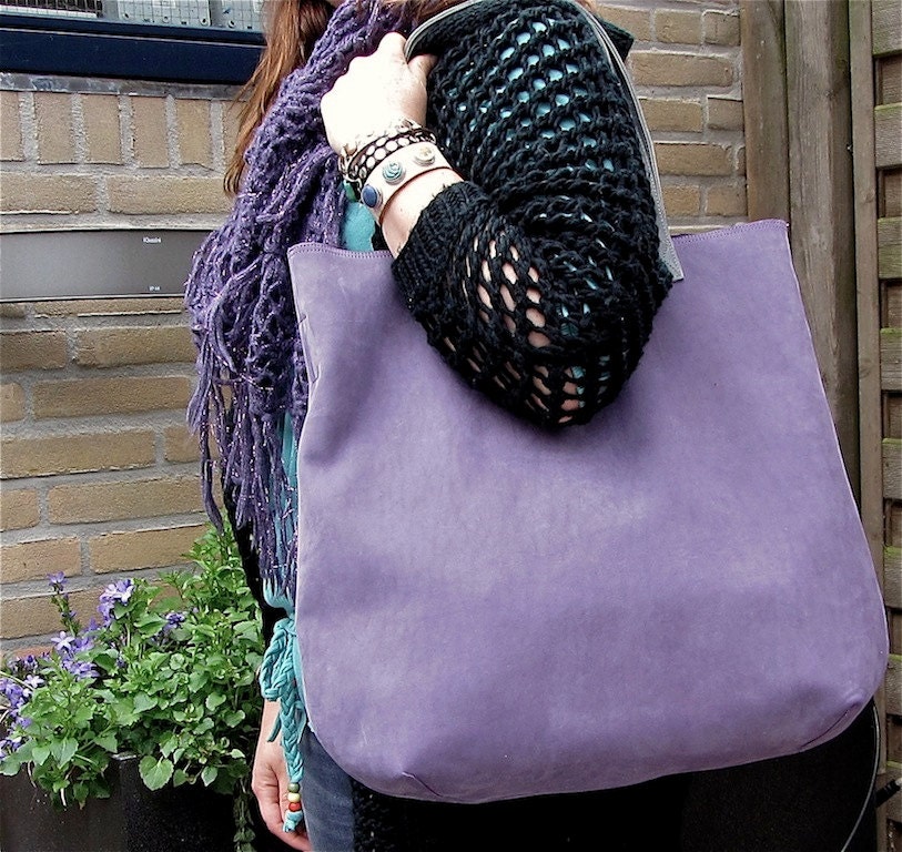Leather Tote / large shopper in lavender suede nubuck and and grey zipper bag inside  PROMOTION SALE