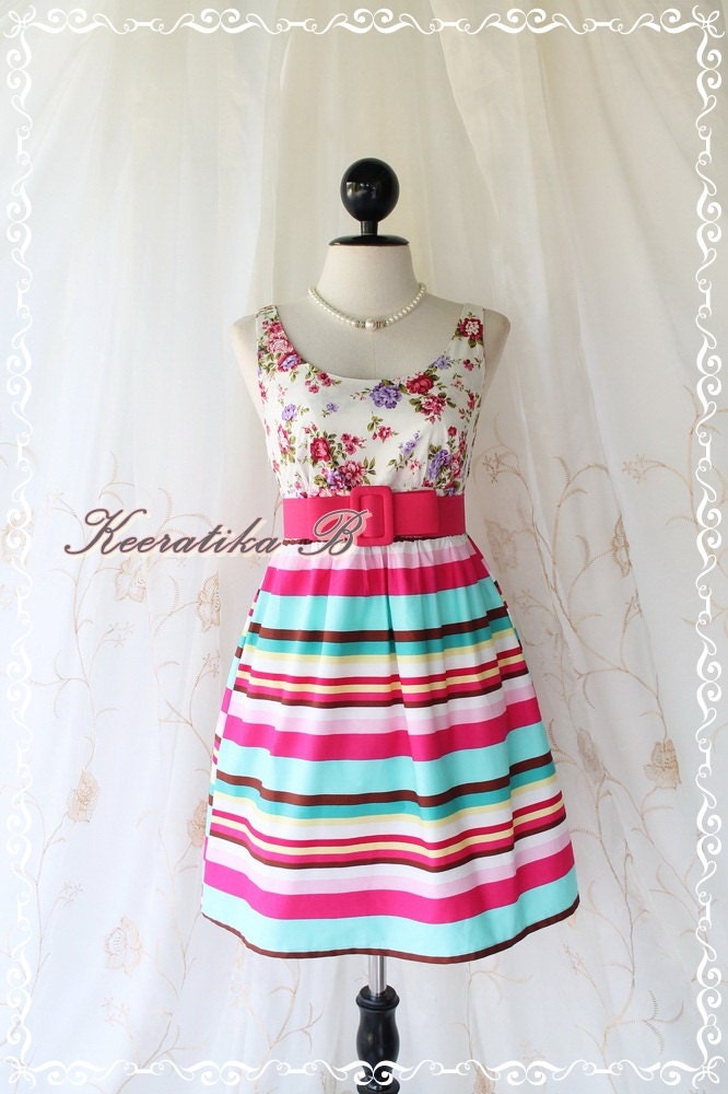 Little Jazzie - Sweet Cutie Spring Summer Sundress Floral Top With Colorful Stripe Skirt Party Dinner Dancing Dress