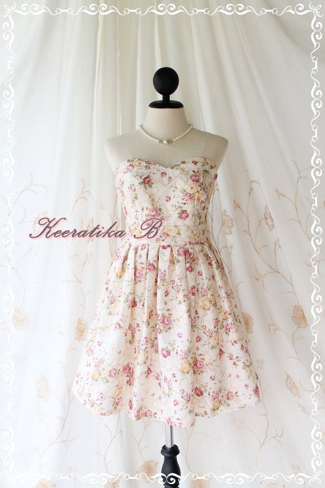 A Lovely Queen - Strapless Classic Cocktail Dress Light Cream Playful Glamorous Floral Print Giant Bow Party Night Prom Wedding Bridesmaid