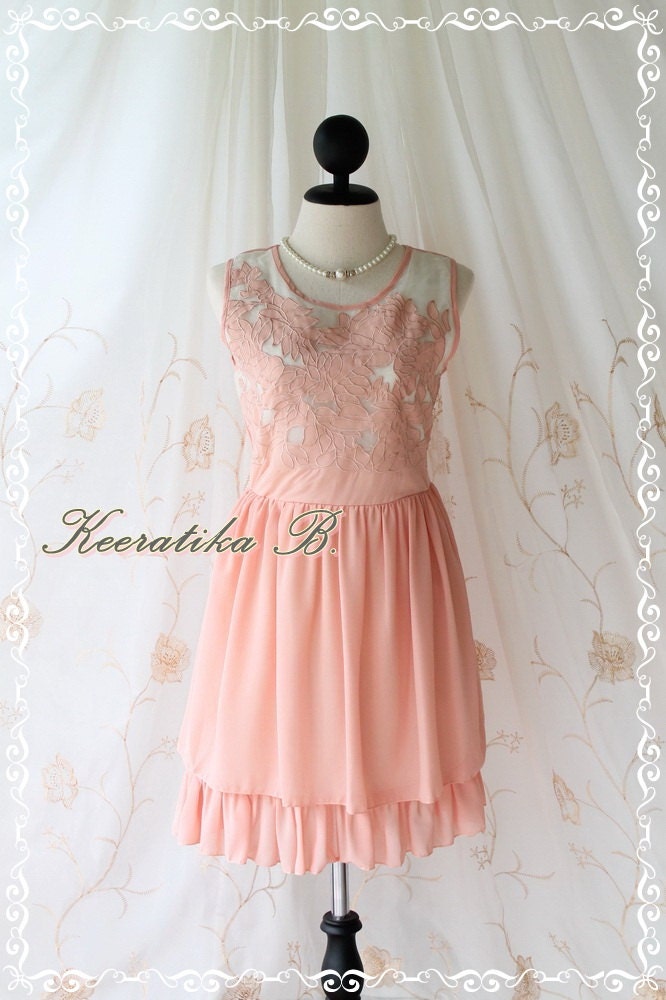 Baroque Pastel Floral Dress - Pastel Floral Pattern Organza Top Peachy Pink Color Party Bridesmaid Graduation Dress
