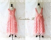 A Party Dress - Floor Length - Cocktail Prom Party Wedding Bridesmaid Dinner Dress Full Length Bright Peachy Pink Roses Lace Backless Dress