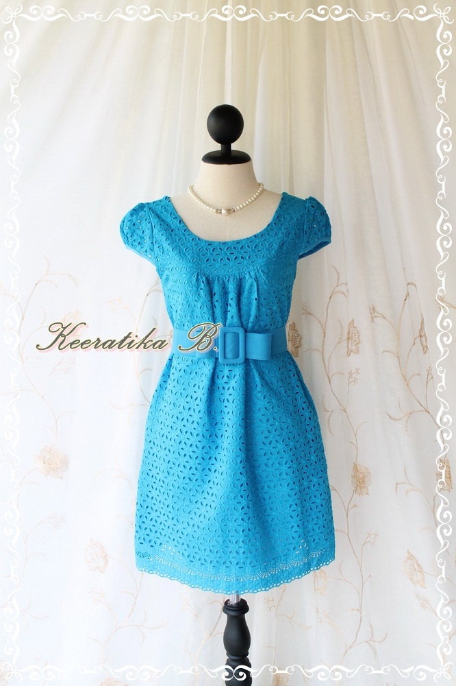 Sound Of Summer III - Sweet Lady Cotton Lace Dress Blue Color Dolly Cap Sleeve Yoke Style Party Birthday Anniversary  Dress